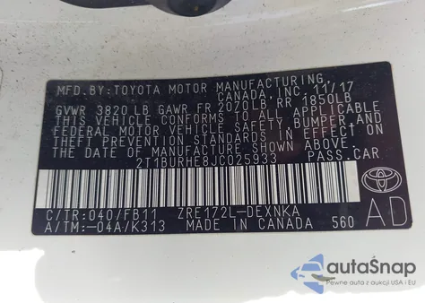 2018 Toyota Corolla Le z USA, uszkodzony, nr VIN 2T1BURHE8JC025933